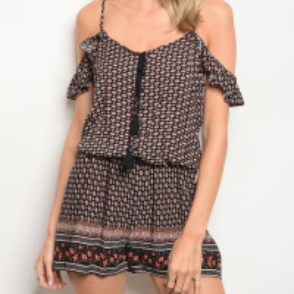 Off the shoulder black floral romper